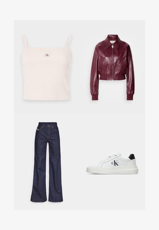 Calvin Klein Jeans CROPPED CRINKLE - Bomber Jacket - deep rouge; Light pink ribbed tank top with thin straps, featuring a square neckline and a small, branded logo tag on the front.; Dark blue wide-leg jeans in denim fabric with a high waist, featuring orange stitching, five-pocket design, and a button closure.; White low-top sneaker with black heel tab, platform sole, laces, and Calvin Klein "CK" logo on the side.