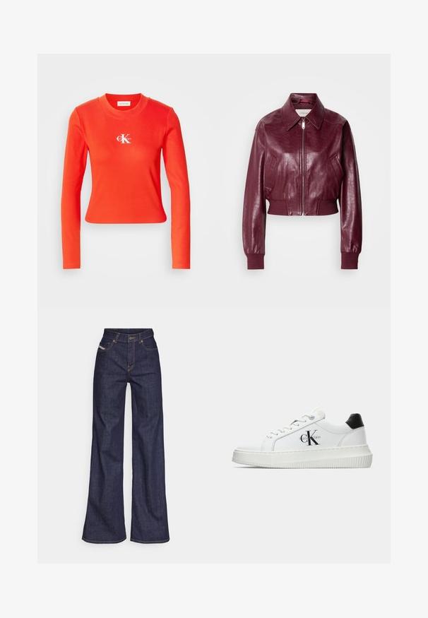 Calvin Klein Jeans CROPPED CRINKLE - Bomber jakna - deep rouge; Rdeč dolgrokavni bombažni top z rebrastim vzorcem in okroglo ovratnico. Na prsih je bel logo. Kratka zasnova.; Temno modri široki kavbojke iz denima z visokim pasom, ki imajo oranžne šive, pet žepov in gumba za zapiranje.; Bele nizke superge z črnim hrbtnim delom, platformo, vezalkami in Calvin Klein "CK" logotipom na strani.