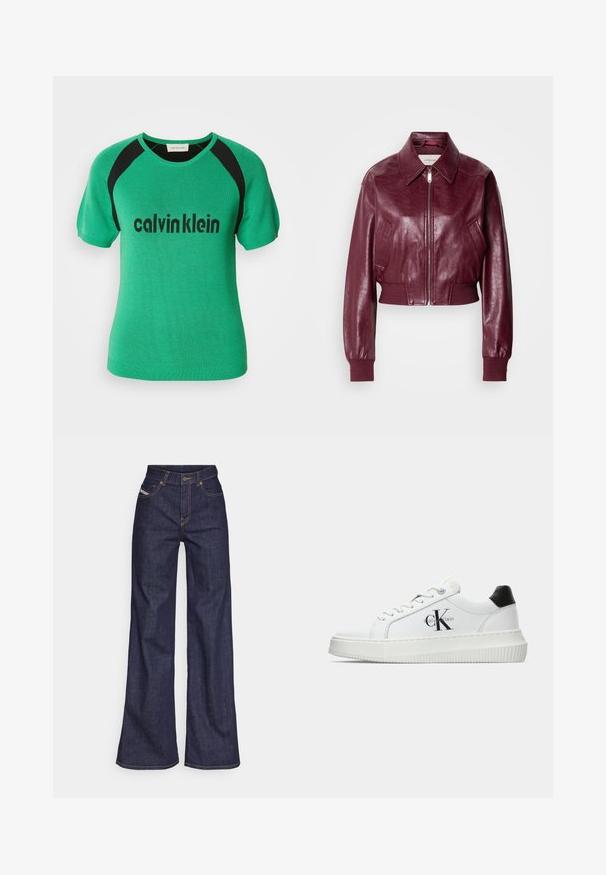 Calvin Klein Jeans CROPPED CRINKLE - Bomber bunda - deep rouge; Zelený pletený top s krátkým rukávem, který má černé akcenty na ramenou a černé logo "calvinklein" přes přední část. Hladká textura.; Tmavě modré džíny s širokým střihem vyrobené z denimové tkaniny, s vysokým pasem, oranžovým prošíváním, pěti kapsami a zapínáním na knoflík.; Bílé nízké tenisky s černým patním tabem, platformovou podrážkou, tkaničkami a logem Calvin Klein "CK" na boku.