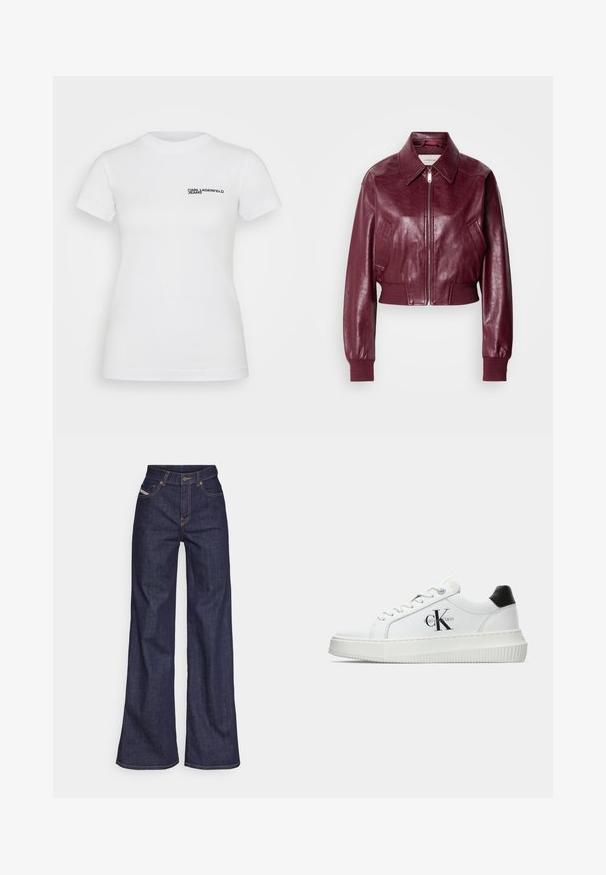 Calvin Klein Jeans CROPPED CRINKLE - Bomber dzseki - deep rouge; Fehér pamut póló rövid ujjal, kerek nyakkal, és egy kis fekete nyomtatott "KARL LAGERFELD JEANS" logóval a bal mellrészen.; Sötétkék, bő szárú farmernadrág, magas derékkal, narancssárga varrással, öt zsebes kialakítással és gombos zárással.; Fehér alacsony szárú edzőcipő fekete saroktabbal, platform talppal, fűzőkkel és Calvin Klein "CK" logóval az oldalán.