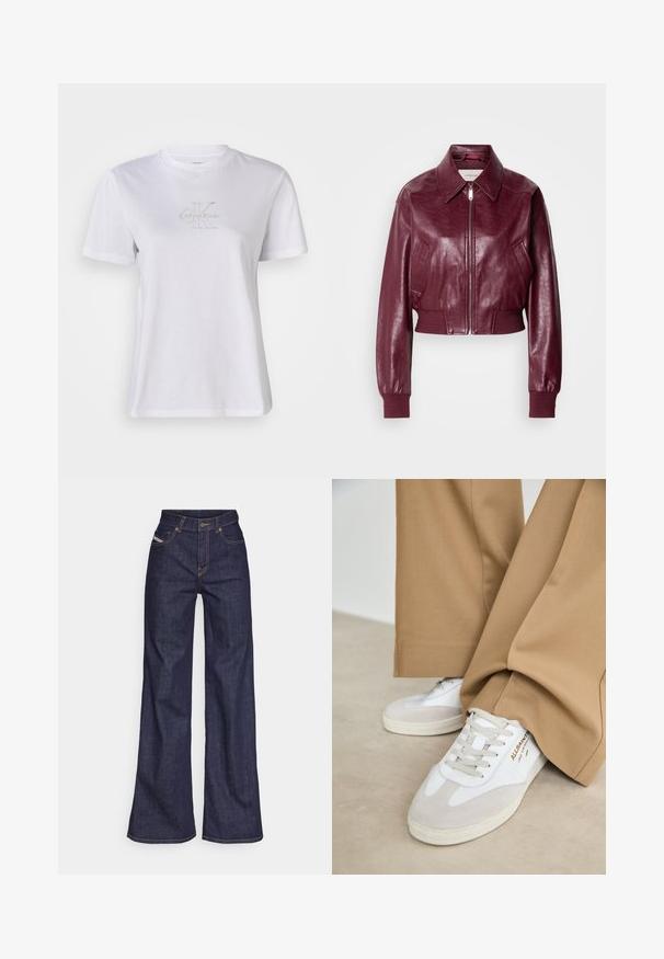 Calvin Klein Jeans CROPPED CRINKLE - Bomber Jacket - deep rouge; White cotton t-shirt with short sleeves, featuring a textured "Calvin Klein" logo in light gray across the chest, round neckline.; Dark blue wide-leg jeans in denim fabric with a high waist, featuring orange stitching, five-pocket design, and a button closure.; White sneakers with suede accents, textured laces, and a rubber sole. Paired with loose tan trousers. Logo displayed on the side.