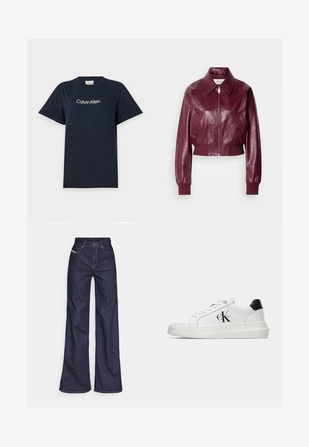 Calvin Klein Jeans CROPPED CRINKLE - Geacă bomber - deep rouge; Tricou din bumbac de culoare albastru marin, cu mâneci scurte și guler rotund. Prezintă un logo alb cu textul "Calvin Klein" pe piept. Design simplu și clasic.; Blugi taille mare, de culoare albastru închis, din material denim, cu croială largă, cu cusături portocalii, design cu cinci buzunare și închidere cu nasture.; Adidași albi cu glezna joasă, cu tab-ul de călcâi negru, talpă platformă, șireturi și logo-ul "CK" de la Calvin Klein pe lateral.
