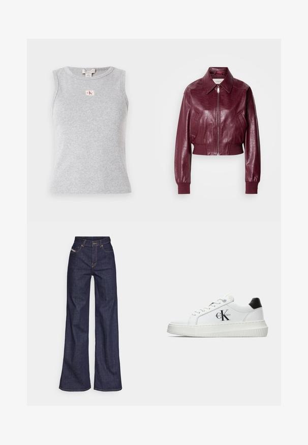 Calvin Klein Jeans CROPPED CRINKLE - Bomber-jakk - deep rouge; Hallituspruun ilma varrukateta topp, mis on valmistatud ribakudumist, ümmarguse kaeluse ja väikese CK logo sildiga ees. Lihtne ja kehaümberkujundav disain.; Tumedates sinised laiad teksad denimpesus, kõrge vöökohaga, mis on varustatud oranžide õmblustega, viie-taskulise disaini ja nööbiga kinnitusega.; Valge madalate sokkidega jooksutoss, millel on must konts, platvormi tallad, paelad ja Calvin Kleini "CK" logo küljel.