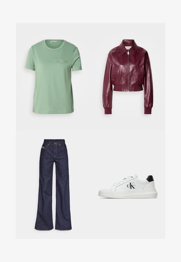 Calvin Klein Jeans CROPPED CRINKLE - Bomber jakna - deep rouge; Svetlozelena bombažna majica s kratkimi rokavi, okroglim izrezom in izvezenim logotipom na prsih. Gladka tekstura in sproščen kroj.; Temno modri široki kavbojke iz denima z visokim pasom, ki imajo oranžne šive, pet žepov in gumba za zapiranje.; Bele nizke superge z črnim hrbtnim delom, platformo, vezalkami in Calvin Klein "CK" logotipom na strani.