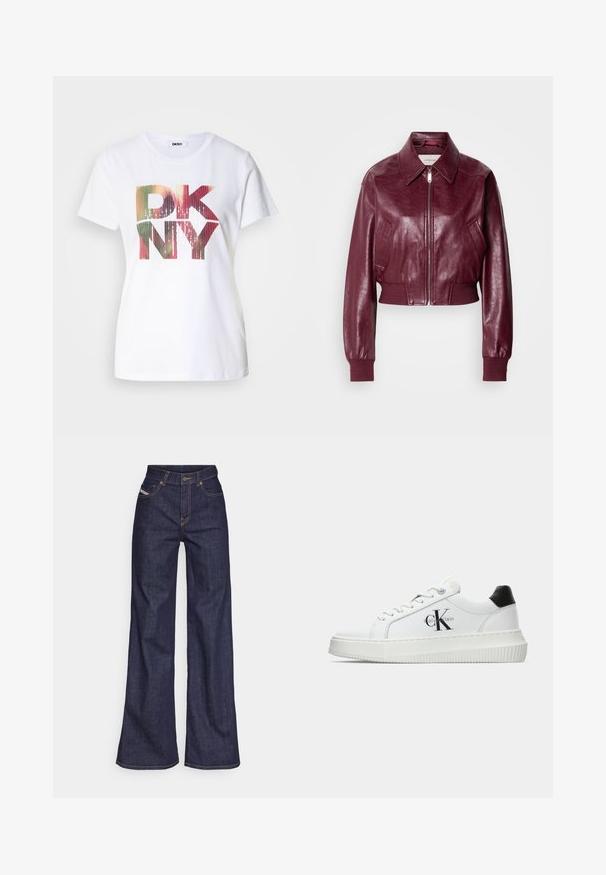 Calvin Klein Jeans CROPPED CRINKLE - Bomber Jacket - deep rouge; White cotton t-shirt featuring a large, colorful "DKNY" logo with a gradient effect and shimmering accents. Classic crew neck design.; Dark blue wide-leg jeans in denim fabric with a high waist, featuring orange stitching, five-pocket design, and a button closure.; White low-top sneaker with black heel tab, platform sole, laces, and Calvin Klein "CK" logo on the side.