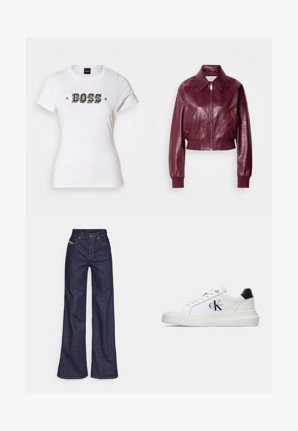 Calvin Klein Jeans CROPPED CRINKLE - Bomberjacka - deep rouge; Vit bomull T-shirt med rund hals, med en svart "BOSS"-logotyp och stjärndetaljer i en djärv, grafisk design. Korta ärmar och standardpassform.; Mörkblå vida jeans i denimtyg med hög midja, med orange sömmar, femficksdesign och knappstängning.; Vit lågtopp sneakers med svart hälflik, platåsål, snörning och Calvin Klein "CK" logotyp på sidan.