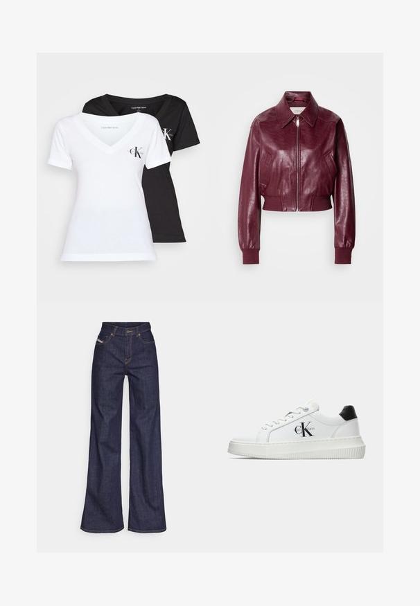 Calvin Klein Jeans CROPPED CRINKLE - Bombera - deep rouge; Dve tričká s výstrihom do V v čiernej a bielej farbe. Obe sú vyrobené z mäkkého bavlneného materiálu, majú krátke rukávy a malé logo "CK" na hrudi.; Tmavomodré široké džínsy z denimu s vysokým pásom, zdobené oranžovým šitím, päť vreckovým dizajnom a zapínaním na gombík.; Biele nízke tenisky s čiernym pätkovým dielom, platformovou podrážkou, šnúrkami a logom "CK" značky Calvin Klein na boku.
