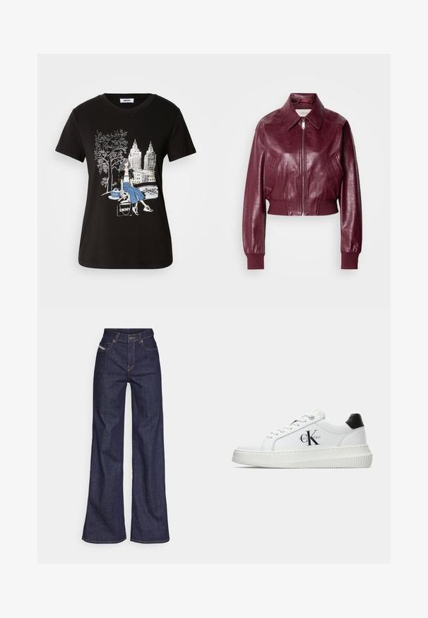 Calvin Klein Jeans CROPPED CRINKLE - Bombejakke - deep rouge; Svart bomull T-skjorte med grafisk design av en kvinne med et tre og bylandskap, som fremhever kontrasterende farger og intrikate detaljer.; Mørkeblå vide jeans i denim med høy midje, med oransje sømmer, fem-lomme-design og knappelukking.; Hvite lavsko med svart hæltab, plattformsåle, snøringer og Calvin Klein "CK" logo på siden.