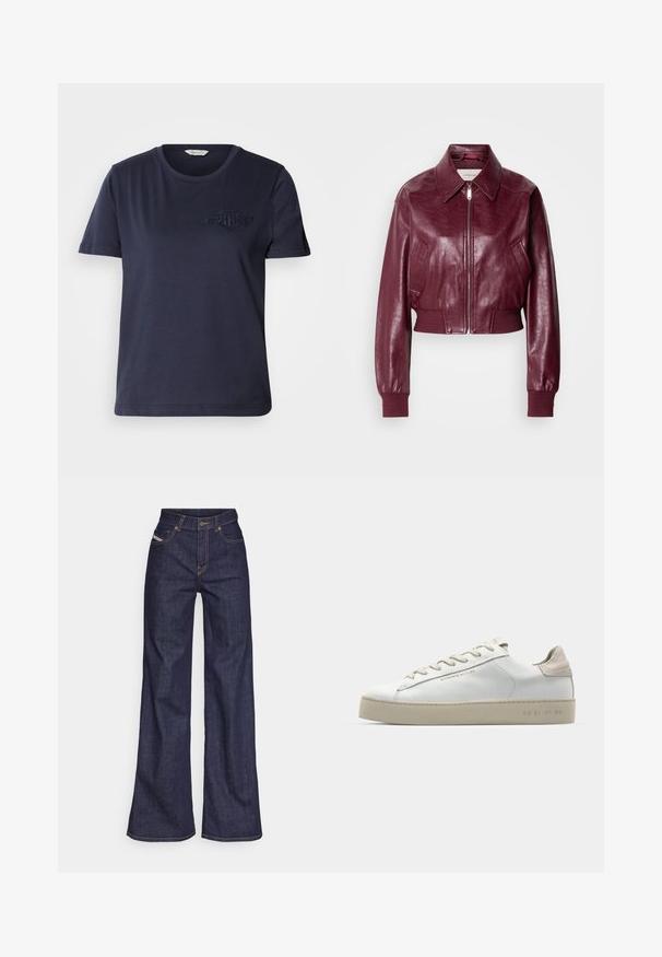 Calvin Klein Jeans CROPPED CRINKLE - Giubbotto Bomber - deep rouge; T-shirt in cotone blu navy con collo rotondo, maniche corte e logo ricamato sul lato sinistro del petto. Tessuto morbido e vestibilità rilassata.; Jeans a gamba larga di denim blu scuro con vita alta, caratterizzati da cuciture arancioni, design a cinque tasche e chiusura con bottone.; Sneaker bianca in pelle con finitura liscia, dettagli in suede beige, punta rotonda, design con stringhe piatte e suola in gomma testurizzata.