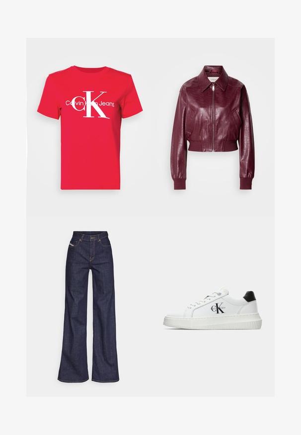 Calvin Klein Jeans CROPPED CRINKLE - Bomberjakke - deep rouge; Rød bomulds t-shirt med et stort hvidt "CK" logo på fronten, og teksten "Calvin Klein Jeans" nedenunder i et moderne skrifttype. Korte ærmer.; Mørkeblå bredbenede jeans i denimstof med høj talje, prydet med orange stikninger, fem-lomme design og knaplukning.; Hvide lavtoppede sneakers med sort hælkænke, platformssål, snørebånd og Calvin Klein "CK" logo på siden.