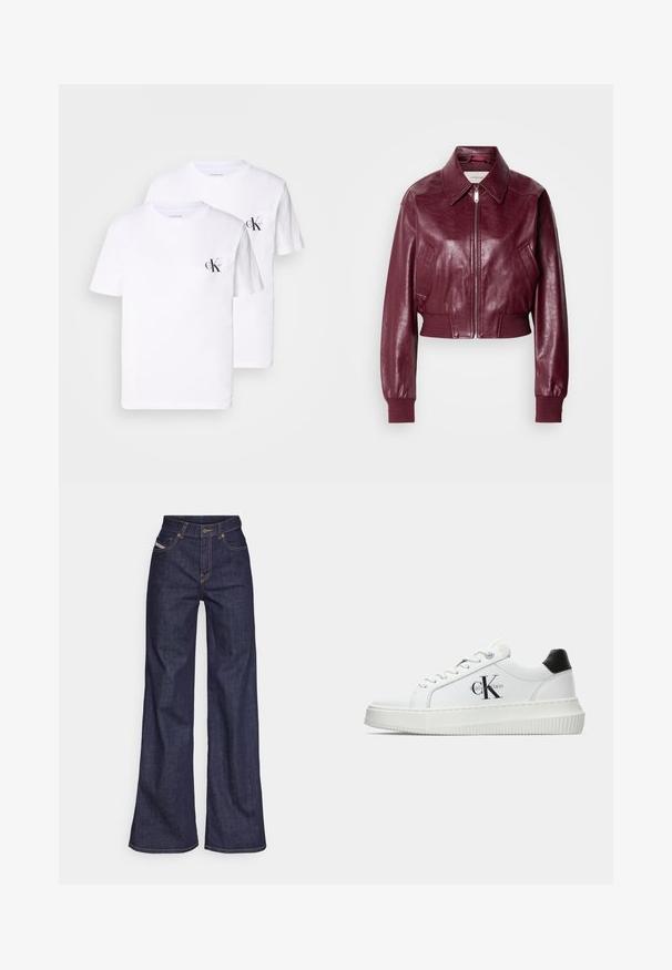 Calvin Klein Jeans - Kurtka Bomber; Dwie białe koszulki bawełniane z okrągłym dekoltem, z małym czarnym logo "CK" na lewej piersi. Miękka tekstura, standardowy krój.; Ciemnoniebieskie dżinsy szerokie w nogawkach wykonane z denimu, z wysokim stanem, z pomarańczowymi przeszyciami, pięcioma kieszeniami i zapięciem na guzik.; Białe sneakersy typu low-top z czarnym paskiem na pięcie, platformą, sznurowadłami i logo "CK" marki Calvin Klein na boku.