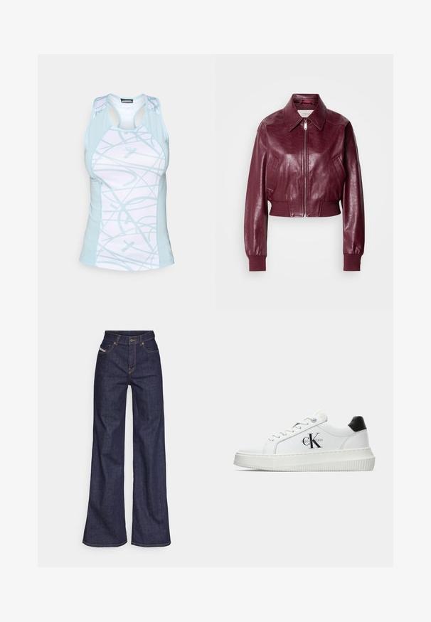 Calvin Klein Jeans CROPPED CRINKLE - Bomber-jakk - deep rouge; Hele sinine spordikliide, millel on valge alus, ja kujunduses on keerduv muster, võrgust paneelid ning racerback disain.; Tumedates sinised laiad teksad denimpesus, kõrge vöökohaga, mis on varustatud oranžide õmblustega, viie-taskulise disaini ja nööbiga kinnitusega.; Valge madalate sokkidega jooksutoss, millel on must konts, platvormi tallad, paelad ja Calvin Kleini "CK" logo küljel.