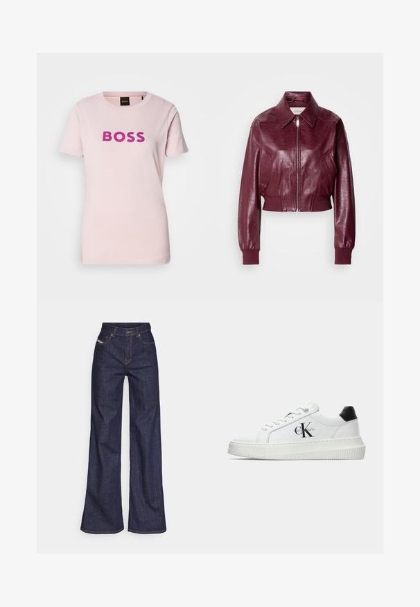 Calvin Klein Jeans CROPPED CRINKLE - Bomber jakna - deep rouge; Svetlo roza bombažna majica z drzno vijolično 'BOSS' logotipom na sredini. Kratki rokavi in klasičen kroj z okroglo izrezom.; Temno modri široki kavbojke iz denima z visokim pasom, ki imajo oranžne šive, pet žepov in gumba za zapiranje.; Bele nizke superge z črnim hrbtnim delom, platformo, vezalkami in Calvin Klein "CK" logotipom na strani.