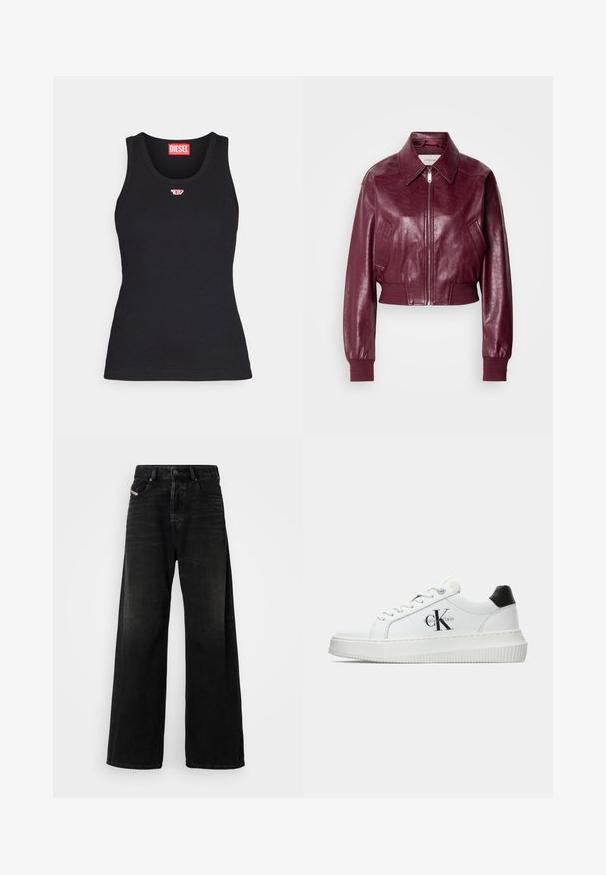 Calvin Klein Jeans CROPPED CRINKLE - Bomber tipa jaka - deep rouge; Melna kokvilnas bezpiedurkņu blūze ar noapaļotu apkakli, kurai uz krūtīm ir neliels sarkans logo un kas ir pieguļošā stilā.; Plati melni džinsi ar augstu jostasvietu, ar pogu aizdari, priekšējiem kabatām un izbalējušu tekstūru.; Baltā zema topa sporta apavas ar melnu papēža cilni, platformas zoli, auklēm un Calvin Klein "CK" logo sānos.