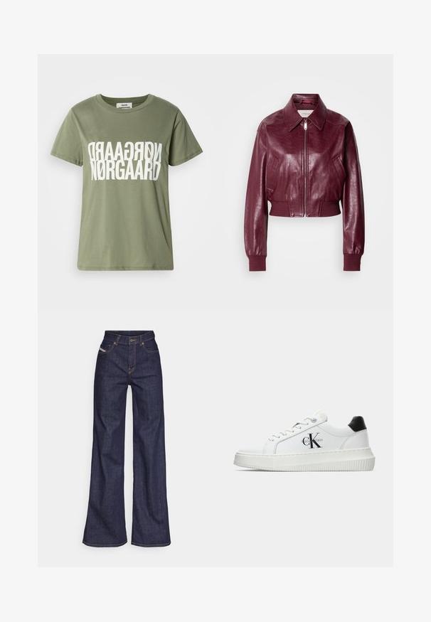 Calvin Klein Jeans CROPPED CRINKLE - Bomber Jacket - deep rouge; Olive green cotton t-shirt with short sleeves, featuring large white flipped text design "NØRGAARD" at the center. Round neckline.; Dark blue wide-leg jeans in denim fabric with a high waist, featuring orange stitching, five-pocket design, and a button closure.; White low-top sneaker with black heel tab, platform sole, laces, and Calvin Klein "CK" logo on the side.