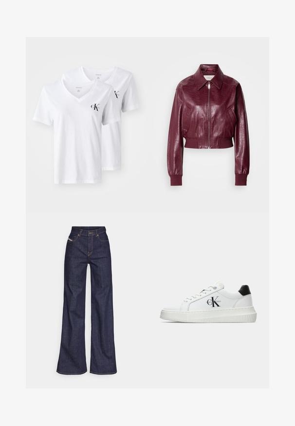 Calvin Klein Jeans CROPPED CRINKLE - Bomber Jacket - deep rouge; Two white cotton v-neck t-shirts featuring short sleeves and a small black 'Calvin Klein' logo on the left chest area.; Dark blue wide-leg jeans in denim fabric with a high waist, featuring orange stitching, five-pocket design, and a button closure.; White low-top sneaker with black heel tab, platform sole, laces, and Calvin Klein "CK" logo on the side.