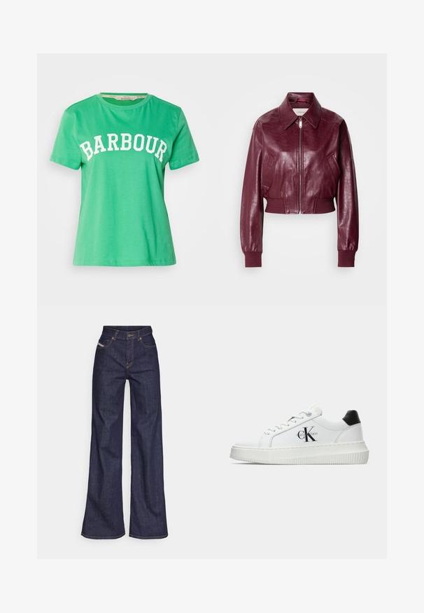 Calvin Klein Jeans CROPPED CRINKLE - Bomber-jakk - deep rouge; Roheline puuvillane T-särk ümmarguse kaeluse ja lühikeste varrukatega. Ees on suurte valgete tähtedega "BARBOUR".; Tumedates sinised laiad teksad denimpesus, kõrge vöökohaga, mis on varustatud oranžide õmblustega, viie-taskulise disaini ja nööbiga kinnitusega.; Valge madalate sokkidega jooksutoss, millel on must konts, platvormi tallad, paelad ja Calvin Kleini "CK" logo küljel.
