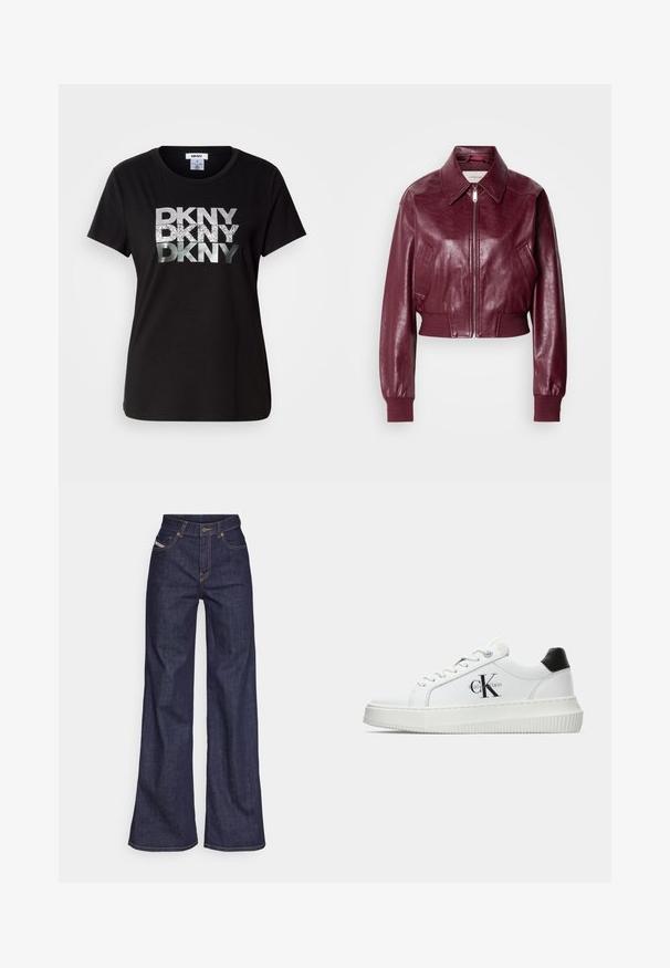 Calvin Klein Jeans CROPPED CRINKLE - Bombertakki - deep rouge; Musta puuvillainen t-paita, jossa on suuri metallinhohtoinen hopea ja kimalteleva "DKNY" logo painettuna eteen. Lyhyet hihat ja pyöreä pääntie.; Tummansiniset leveälahkeiset farkut denimmateriaalista, joissa on korkea vyötärö. Niissä on oranssit tikkaus, viisi taskua ja napitus.; Valkoiset matalat tennarit, joissa on musta kantapää, alustasolki, nauhat ja Calvin Kleinin "CK" logo sivuilla.