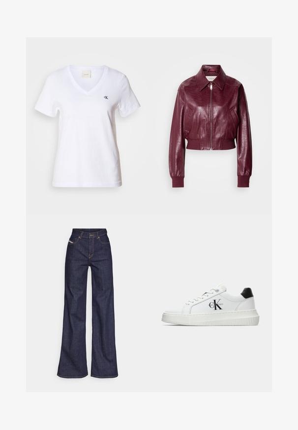 Calvin Klein Jeans - Kurtka Bomber; Biała bawełniana koszulka z krótkim rękawem i dekoltem w kształcie litery V, z małym czarnym logo "CK" na lewej piersi. Gładka faktura i klasyczny design.; Ciemnoniebieskie dżinsy szerokie w nogawkach wykonane z denimu, z wysokim stanem, z pomarańczowymi przeszyciami, pięcioma kieszeniami i zapięciem na guzik.; Białe sneakersy typu low-top z czarnym paskiem na pięcie, platformą, sznurowadłami i logo "CK" marki Calvin Klein na boku.
