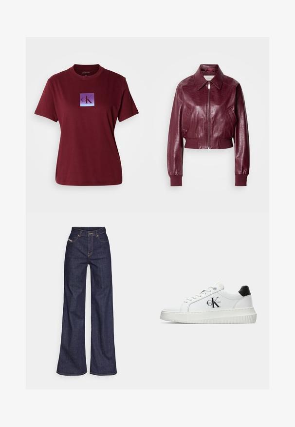 Calvin Klein Jeans CROPPED CRINKLE - Bombejakke - deep rouge; Burgunderfarget bomull T-skjorte med et firkantet logo med en gradient fra lilla til blå bakgrunn, og bokstaven "cK" i mørk lilla.; Mørkeblå vide jeans i denim med høy midje, med oransje sømmer, fem-lomme-design og knappelukking.; Hvite lavsko med svart hæltab, plattformsåle, snøringer og Calvin Klein "CK" logo på siden.