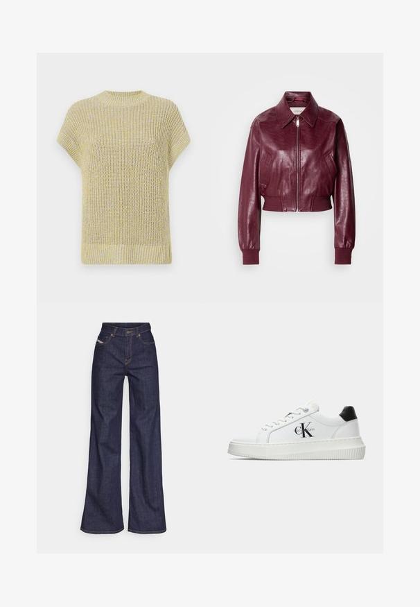 Calvin Klein Jeans CROPPED CRINKLE - Bomber Jacket - deep rouge; Knit short-sleeve top in light yellow with subtle gray flecks. Features a ribbed crew neckline and textured fabric with a loose fit.; Dark blue wide-leg jeans in denim fabric with a high waist, featuring orange stitching, five-pocket design, and a button closure.; White low-top sneaker with black heel tab, platform sole, laces, and Calvin Klein "CK" logo on the side.