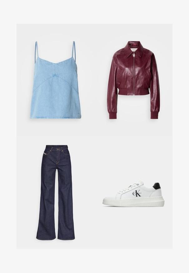Calvin Klein Jeans CROPPED CRINKLE - Bomberjacks - deep rouge; Lichtblauwe denim camisole top met dunne bandjes, v-halslijn en geometrische naaddetails. Zachte textuur en iets ontspannen pasvorm.; Donkerblauwe wijde jeans van denimstof met een hoge taille, voorzien van oranje stiksels, een vijf-pocket ontwerp en een knoopsluiting.; Witte lage sneaker met zwarte hiel tab, plateauzool, veters en Calvin Klein "CK" logo aan de zijkant.