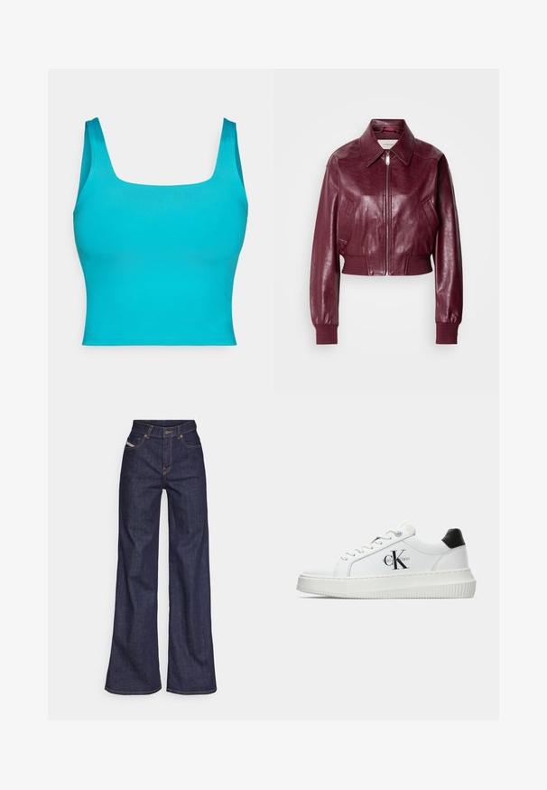 Calvin Klein Jeans CROPPED CRINKLE - Bomber dzseki - deep rouge; Türkiz színű, testhez simuló, rövid top, széles négyzet alakú nyakkivágással, sima textúrával és látható minták vagy fémalkatrészek nélkül. Rövid, széles pántokkal.; Sötétkék, bő szárú farmernadrág, magas derékkal, narancssárga varrással, öt zsebes kialakítással és gombos zárással.; Fehér alacsony szárú edzőcipő fekete saroktabbal, platform talppal, fűzőkkel és Calvin Klein "CK" logóval az oldalán.