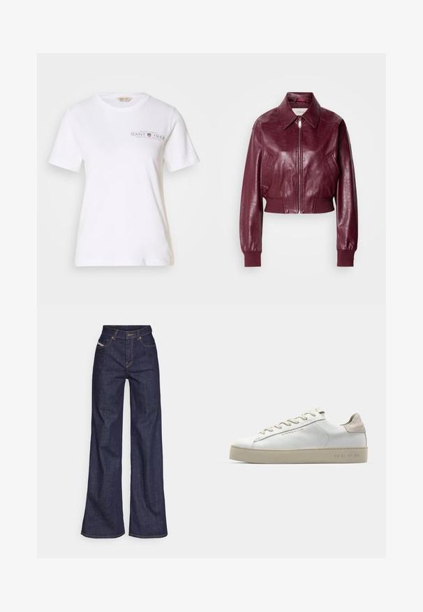 Calvin Klein Jeans CROPPED CRINKLE - Bomber dzseki - deep rouge; Fehér pamut póló rövid ujjakkal, kerek nyakkal, sötétszürke nyomtatott logóval és szöveggel az elején. Sima textúra.; Sötétkék, bő szárú farmernadrág, magas derékkal, narancssárga varrással, öt zsebes kialakítással és gombos zárással.; Fehér bőr sportcipő sima felülettel, bézs velúr díszítéssel, kerek orrrésszel, lapos fűzős kivitelben, és mintás gumitalppal.