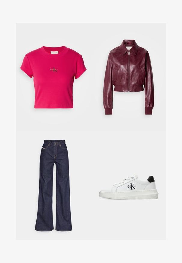 Calvin Klein Jeans CROPPED CRINKLE - Bomber-jakk - deep rouge; Heled roosa lühem t-särk lühikeste varrukatega, mille keskel on väike Calvin Kleini logo. Selge valge taust rõhuasetuseks.; Tumedates sinised laiad teksad denimpesus, kõrge vöökohaga, mis on varustatud oranžide õmblustega, viie-taskulise disaini ja nööbiga kinnitusega.; Valge madalate sokkidega jooksutoss, millel on must konts, platvormi tallad, paelad ja Calvin Kleini "CK" logo küljel.