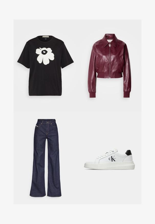 Calvin Klein Jeans CROPPED CRINKLE - Bomber-jakk - deep rouge; Musta puuvillane T-särk, mille esiküljel on suur valge lillemuster, lühikesed varrukad ja mugav lõige. Sildi asukoht kaelas.; Tumedates sinised laiad teksad denimpesus, kõrge vöökohaga, mis on varustatud oranžide õmblustega, viie-taskulise disaini ja nööbiga kinnitusega.; Valge madalate sokkidega jooksutoss, millel on must konts, platvormi tallad, paelad ja Calvin Kleini "CK" logo küljel.