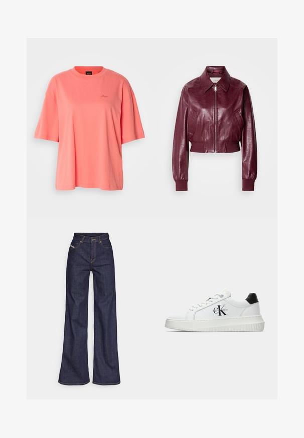 Calvin Klein Jeans CROPPED CRINKLE - Bomber Jacket - deep rouge; Coral oversized t-shirt made of soft cotton, featuring a round neckline and short sleeves, with a subtle embroidered logo on the chest.; Dark blue wide-leg jeans in denim fabric with a high waist, featuring orange stitching, five-pocket design, and a button closure.; White low-top sneaker with black heel tab, platform sole, laces, and Calvin Klein "CK" logo on the side.