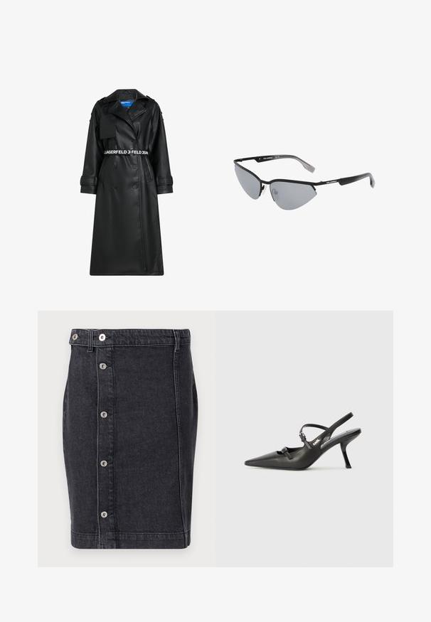 Casaco de imitação em pele preta com um design de dupla face, cintura com cinto, colarinho oversized e bolsos com aba. Apresenta um elástico com logotipo na cintura e nos punhos.; T-shirt de algodão branco com mangas curtas, gola canelada preta e logótipo em texto preto no ombro esquerdo. Corte clássico, textura suave.; Saia de ganga escura com corte reto, botões de pressão prateados na frente e detalhes de costura subtis ao longo das costuras.; Sapatos de salto alto em couro preto, tipo slingback, com bico pontiagudo, salto esguio e detalhe decorativo em fivela no peito do pé. Textura suave e design elegante.; Óculos de sol pretos com um design angular de gato. Lentes espelhadas prateadas. Armações de plástico finas e leves com uma marcação discreta nas hastes.