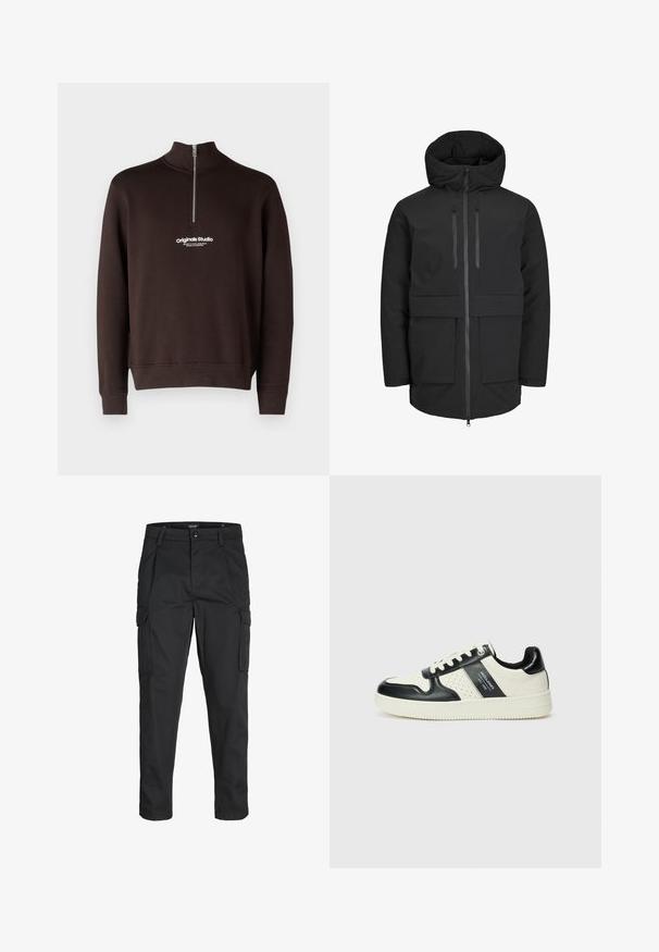 Schwarze wasserdichte Jacke mit gepolsterter Kapuze, zwei Fronttaschen, Reißverschluss vorne und taillierter Passform für eine strukturierte Silhouette.; Brauner Sweatshirt mit einem hohen Kragen und halblanger Reißverschlussöffnung. Mit einem weißen Logo "originals Studio" auf der Brust; gerippte Bündchen und Saum.; Schwarze Cargo-Hose aus robustem Material, mit mehreren Taschen, einem Knopfverschluss und einem Slim-Fit-Design mit schmal zulaufenden Beinen.; Leder-Sneaker in Schwarz- und Cremetönen, mit perforierten Akzenten, einem gepolsterten Kragen und einer strukturierten Laufsohle.