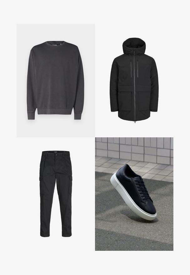 Schwarze wasserdichte Jacke mit gepolsterter Kapuze, zwei Fronttaschen, Reißverschluss vorne und taillierter Passform für eine strukturierte Silhouette.; Dunkelgrauer Sweatshirt mit Rundhalsausschnitt, langen Ärmeln und gerippten Abschlüssen am Bund und an den Ärmeln. Hergestellt aus einem weichen, strukturierten Stoff. Einfaches Design, keine sichtbaren Logos.; Schwarze Cargo-Hose aus robustem Material, mit mehreren Taschen, einem Knopfverschluss und einem Slim-Fit-Design mit schmal zulaufenden Beinen.; Schwarze Leder-Sneaker mit runder Zehenpartie und weißer Gummisohle. Verfügt über flache Schnürsenkel und minimale Nähte im Obermaterial. Strukturiertes Sohlenprofil für besseren Halt.