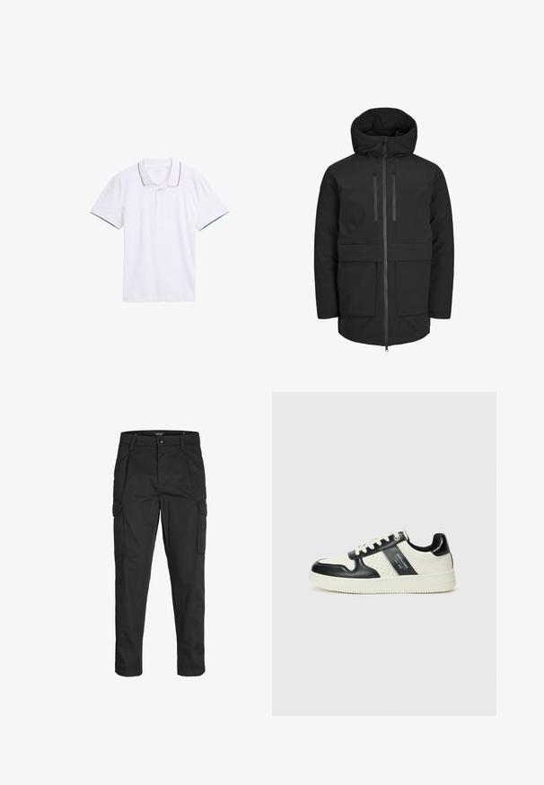 Must ränejope, millel on polsterdatud kapuuts, kaks esistakki, ettepoole lukuga sulgus ja timmitud vöökoht, et saavutada struktureeritud istuvus.; Valge puuvillane polo-särk, millel on klassikaline krae, lühikesed varrukad ja tumesinised ääred krael ja varrukatel.; Mustad mustapõlvik, mis on valmistatud tugeva koe kasutades, sisaldab mitmeid taskuid, nupule kinnitatav sulgemine ja kitsenev disain.; Nahatud nahkkingad musta ja kreemi värviskeemiga, millel on perforeeritud aktsendid, pehme krae ja tekstureeritud tallad.