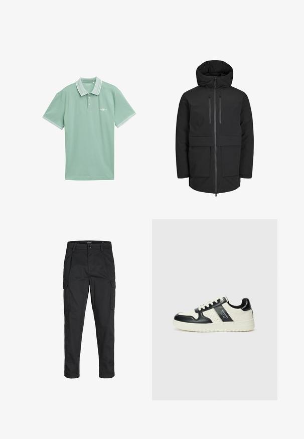 Sort vandtæt jakke med en polstret hætte, to forlommer, lynlås foran og en snøret talje for en struktureret pasform.; Lys grøn polo skjorte lavet af blød stof, med en klassisk krave med en kontrasterende hvid kant og et lille logo på brystet.; Sorte cargo-bukser lavet af slidstærkt stof, der har flere lommer, en knaplukning og et slim fit design med smalle ben.; Lædersneakers i sort og creme farveskema, med perforerede detaljer, en polstret krave og en struktureret ydersål.