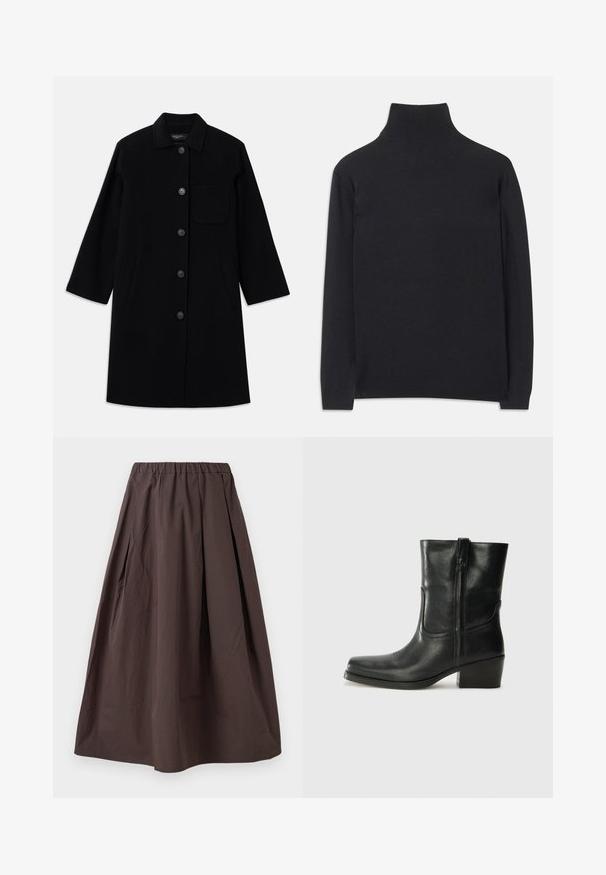 Cappotto di lana nero con taglio dritto, chiusura con bottoni e una singola tasca sul petto. Presenta tasche laterali e maniche a tre quarti.; Maglione a collo alto nero realizzato in tessuto morbido. Caratterizzato da maniche lunghe, un collo alto e polsini e orlo a coste per un look aderente.; Gonna midi di colore marrone con vita elastica e sottili pieghe su uno sfondo bianco.; Stivale ankle in pelle nera con punta arrotondata, tacco a blocco, cerniera laterale e dettagli in cucitura sulla tomaia. Texture liscia, design classico.