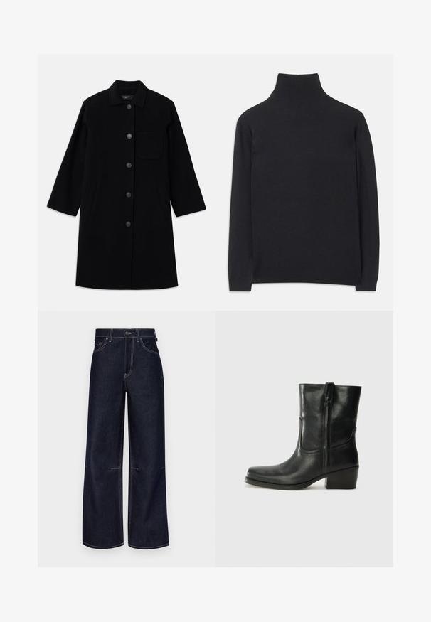 Juoda vilnos striukė su tiesiu kirpimu, mygtukų uždarymu ir viena krūtine kišenė. Yra šoninės kišenės ir trijų ketvirčių rankovės.; Juodas golfas, pagamintas iš minkštos medžiagos. Jis turi ilgomis rankovėmis, aukštu kaklu ir šonkauliniais rankogaliais bei apvadu, suteikiančiais prigludusį įvaizdį.; Tamsiai mėlynos džinsinės plačiakulkės kelnės su kontrastingais šviesiais siuvinėjimais, mygtuko ir užtrauktuko uždarymu bei priekinėmis kišenėmis. Švarus dizainas be papuošimų.; Juodi odiniai aulinukai iki kulkšnies su apvali nosimi, blokuotais kulnais, šonine užtrauktuku ir siuvimo akcentais ant viršutinės dalies. Lygi tekstūra, klasikinis dizainas.