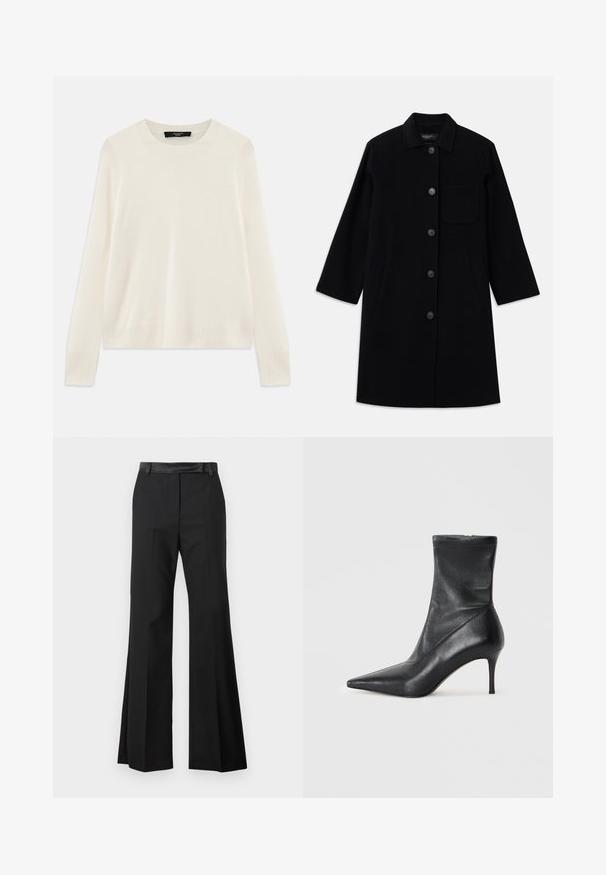 Manteau en laine noire à coupe droite, fermeture à boutons et poche poitrine unique. Dispose de poches latérales et de manches trois-quarts.; Pull en tricot de couleur crème avec un col rond, des manches longues et des accents côtelés aux poignets et à l'ourlet. Texture douce et fine.; Pantalons évasés noirs avec une finition en tissu lisse, dotés d'une taille solide et de plis marqués pour une apparence soignée.; Bottine noire en cuir avec un bout pointu, un talon aiguille fin et un dessus ajusté en forme de chaussette. Texture lisse avec un minimum de détails de couture.