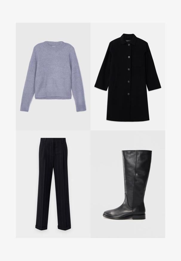 Black wool coat with a straight cut, button closure, and a single chest pocket. Features side pockets and three-quarter sleeves.; Filippa K FLUFFY - Jumper - thunderstorm; Black pinstriped trousers with a tailored fit, featuring a cuffed hem and front pleats. Made of smooth fabric with a structured design.; Black knee-high leather boot with a low heel and rounded toe, showing stitching details along the shaft and vamp.