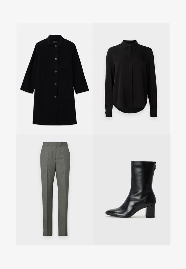 Fekete gyapjú kabát egyenes szabással, gombos záródással és egyetlen mellzsebből. Oldalzsebekkel és háromnegyed hosszúságú ujjal rendelkezik.; Fekete hosszú ujjú blúz hegyes gallérral, rejtett gombsorttal és ívelt aljjal egy sima fehér háttér előtt.; Szürke mintás nadrág, egyenes láb kialakítással, szövetből készült, lapos elülső résszel és övhurkokkal a deréknál.; Fekete bőr bokacipő hegyes orral és 4 cm-es blokkfallal. Simán díszített designja oldalra nyíló cipzárral rendelkezik, ami megkönnyíti a felvételt. Simább textúrával.