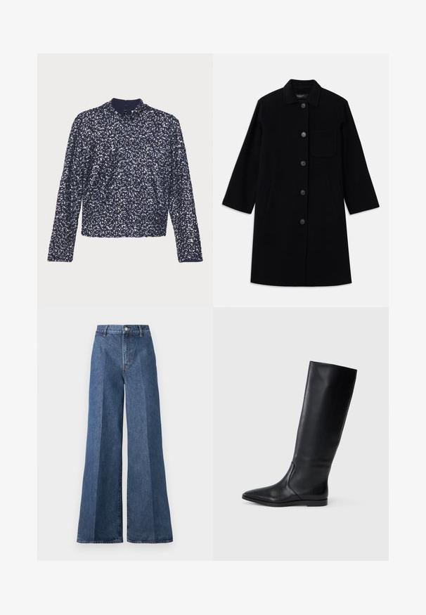 Zwarte wollen jas met een rechte snit, knoopsluiting en een enkele borstzak. Bevat zijzakken en driekwartmouwen.; Marineblauwe paillettenblouse met lange mouwen, hoge kraag en een rits aan de achterkant. Heeft een textuur met dicht op elkaar geplaatste glanzende pailletten.; Wijd flonkerige blauwe denim jeans met een hoge taille, voorzien van klassieke vijf-pocketstijl en een knoopsluiting, gemaakt van gestructureerde katoen.; Zwarte leren kniehoge laars met een puntige neus en een minimalistisch ontwerp. Glad textuur en platte zool, met discreete zijnaaddetails.