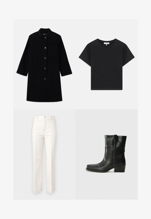 Crni vuneni kaput sa ravnim krojem, zatvaranjem na dugme i jednim džepom na prsima. Ima bočne džepove i rukave do tri četvrtine.; Crna skraćena majica od pamuka, s okruglim izrezom, kratkim rukavima i jednostavnim dizajnom bez uzoraka ili ukrasa.; Bijele hlače ravnog kroja od mješavine pamuka, s glatkom teksturom, dva prednja nabora i pojasom sa zatvaranjem na jedan gumb.; Crne kožne čizme do članaka s okruglim vrhom, blok potpeticom, bočnim patentnim zatvaračem i detaljima od šavova na gornjem dijelu. Glatka tekstura, klasičan dizajn.