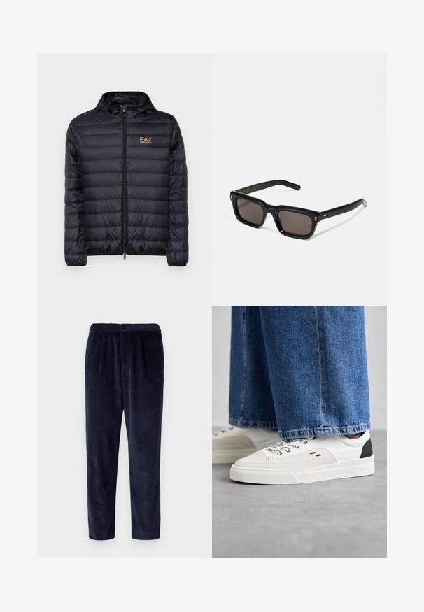 Crna puffer jakna s kapuljačom, sa prednjim zatvaračem i vertikalnim krojem. Zlatni EA7 logo na lijevoj strani prsnog koša. Glatka tekstura.; Bijela košulja s dugim rukavima na dugme, izrađena od pamuka, s džepom na prsima s ton-sur-ton vezom, ovratnikom i dugmadi na manžetama.; Mornarsko plave kord čarape s opuštenim krojem, s mekim teksturama, elastičnom strukom i standardnim džepovima. Jednostavan, funkcionalan dizajn.; Bijele i crne tenisice s glatkim kožnim gornjištem, teksturiranim detaljima i debelim bijelim potplatom. Imaju klasičan dizajn vezanja.; Crne pravokutne sunčane naočale s tamnim lećama, debelim plastičnim okvirom, zlatnim akcentima na sljepoočnicama i logotipom marke ugraviranim na dršku.