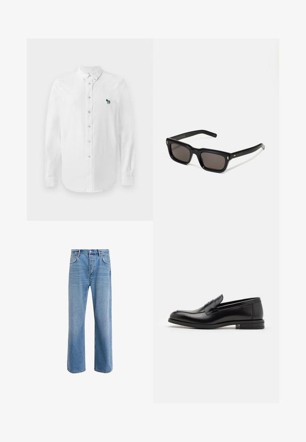 Juodas pūkų striukė su gobtuvu, su užtrauktuku priekyje ir vertikaliai siuvinėtu raštu. Aukso EA7 логотипas kairiajame krūtinės kampe. Lygus paviršius.; Balta marškinėliai su ilgomis rankovėmis, pasižymintys subtilia tekstūra ir išsiuvinėtu daugiaspalviu žirgo akcentu kairėje krūtinės pusėje.; Šviesiai mėlyni džinsai su tiesiu kirpimu, penkios kišenės, mygtuko užsegimas, minimalus blukimas ir kontrastingi siuvimo detalės.; Juodos odinės loafers, turinčios lygų paviršių, apvalią noselę ir dekoratyvinę juostą per priekinę dalį. Žemas krentantis kulnas, minimalistinis dizainas.; Juodos stačiakampės akinių nuo saulės su tamsiais objektyvais, storu plastiko rėmu, auksinėmis detalėmis ant šventyklų ir prekės ženklo logotipu išgraviruotu ant šono.