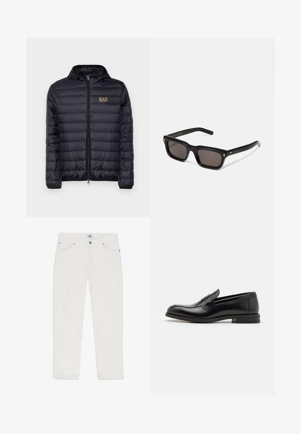 Doudoune noire avec capuche, dotée d'une fermeture éclair à l'avant et d'un design matelassé vertical. Logo doré EA7 sur la poitrine gauche. Texture lisse.; T-shirt en coton blanc avec un col rond et des manches courtes, orné d'un logo doré EA7 Emporio Armani imprimé sur le devant.; Jean en denim blanc avec une coupe droite, un design à cinq poches et des accents en métal argenté. Le matériau a une texture lisse et un style dépouillé.; Mocassins en cuir noir avec une texture lisse, bout rond et une sangle décorative sur le dessus. Talon bas empilé, design minimaliste.; Lunettes de soleil noires rectangulaires avec des verres foncés, monture en plastique épais, accents dorés sur les branches et logo de la marque gravé sur le bras.