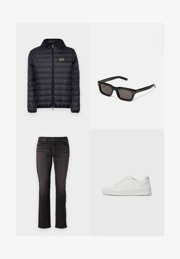 Chaqueta de plumas negra con capucha, con cierre de cremallera en la parte delantera y diseño de acolchado vertical. Logo dorado de EA7 en el pecho izquierdo. Textura suave.; Camiseta blanca de algodón con escote redondo y mangas cortas, con un logo dorado de EA7 Emporio Armani impreso en el frente.; Vaqueros de mezclilla negra con diseño de pierna recta, estilo de cinco bolsillos y cierre de botón. Textura suave con mínimas desgastamientos, sin patrones.; Zapatilla de cuero blanca con un acabado suave, puntera redonda, cordones planos y suela texturizada. Cuenta con un sutil logo en el talón.; Gafas de sol rectangulares negras con lentes oscuros, marco de plástico grueso, acentos dorados en las patillas y logotipo de la marca grabado en el brazo.