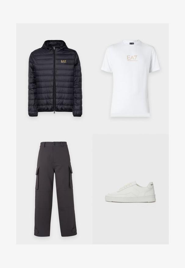 Čierna puffa bunda s kapucňou, so zipsom vpredu a vertikálnym prešívaním. Zlaté logo EA7 na ľavom hrudníku. Hladká textúra.; Biela bavlnená tričko s okrúhlym výstrihom a krátkymi rukávmi, na prednej strane s potlačou zlatého loga EA7 Emporio Armani.; Cargo nohavice v tmavo šedej farbe, vyrobené z hladkej tkaniny, s dvoma bočnými vreckami a gombíkovými uzávermi. Vo voľnom strihu s manžetovými nohavicami.; Biele kožené tenisky s hladkým povrchom, okrúly špičkový dizajn, ploché šnúrky a textúrovaná podrážka. Obsahujú jemné logo na päte.
