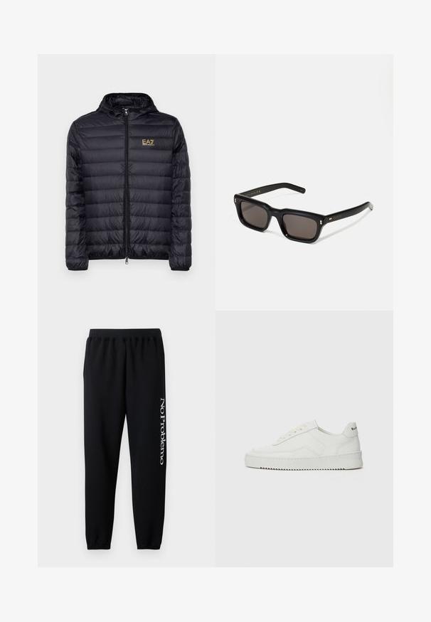 Jachetă puffer neagră cu glugă, cu fermoar frontal și design capitonat vertical. Logo-ul auriu EA7 pe pieptul stâng. Textură netedă.; Tricou alb din bumbac, cu guler rotund și mâneci scurte, având un logo auriu EA7 Emporio Armani imprimat pe față.; Pantaloni de trening negri cu talie elastică, cu terminații înguste și text alb "No Problemo" imprimat pe piciorul stâng. Material moale din bumbac.; Sneakers din piele albă cu un finisaj neted, vârf rotund, șireturi plate și o talpă texturată. Prezintă un logo subtil pe călcâi.; Ochelari de soare negri, rectangul care au lentile întunecate, ramă din plastic gros, accente aurii pe brațe și logo-ul brandului gravat pe mâner.