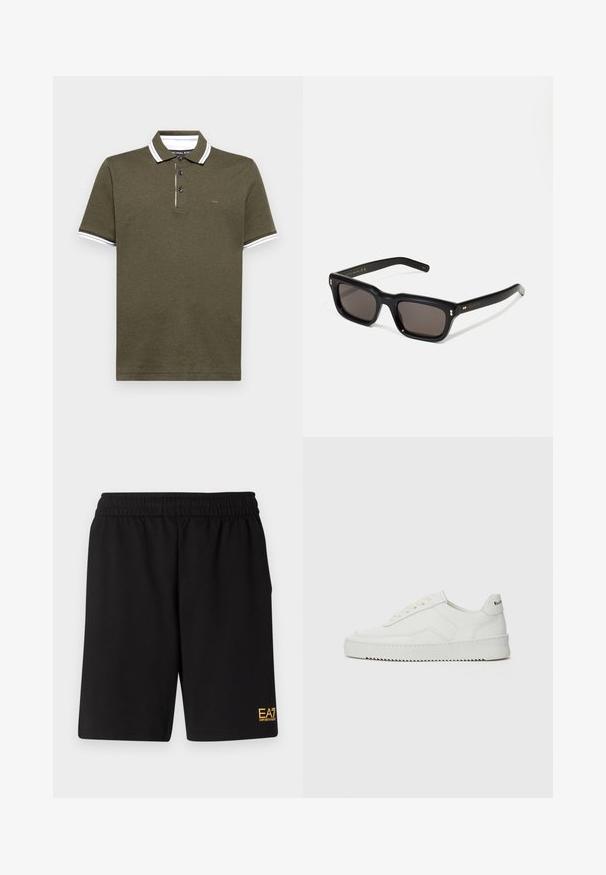 Čierna puffa bunda s kapucňou, so zipsom vpredu a vertikálnym prešívaním. Zlaté logo EA7 na ľavom hrudníku. Hladká textúra.; Michael Kors GREENWICH - Polokošeľa - ivy heather; Čierne športové šortky vyrobené z jemného materiálu, s elastickým pásom a malým žltým logom EA7 na dolnej ľavej nohe.; Biele kožené tenisky s hladkým povrchom, okrúly špičkový dizajn, ploché šnúrky a textúrovaná podrážka. Obsahujú jemné logo na päte.; Čierne obdĺžnikové slnečné okuliare s tmavými sklami, hrubým plastovým rámom, zlatými detailami na spánkoch a vygravírovaným logom značky na ramene.